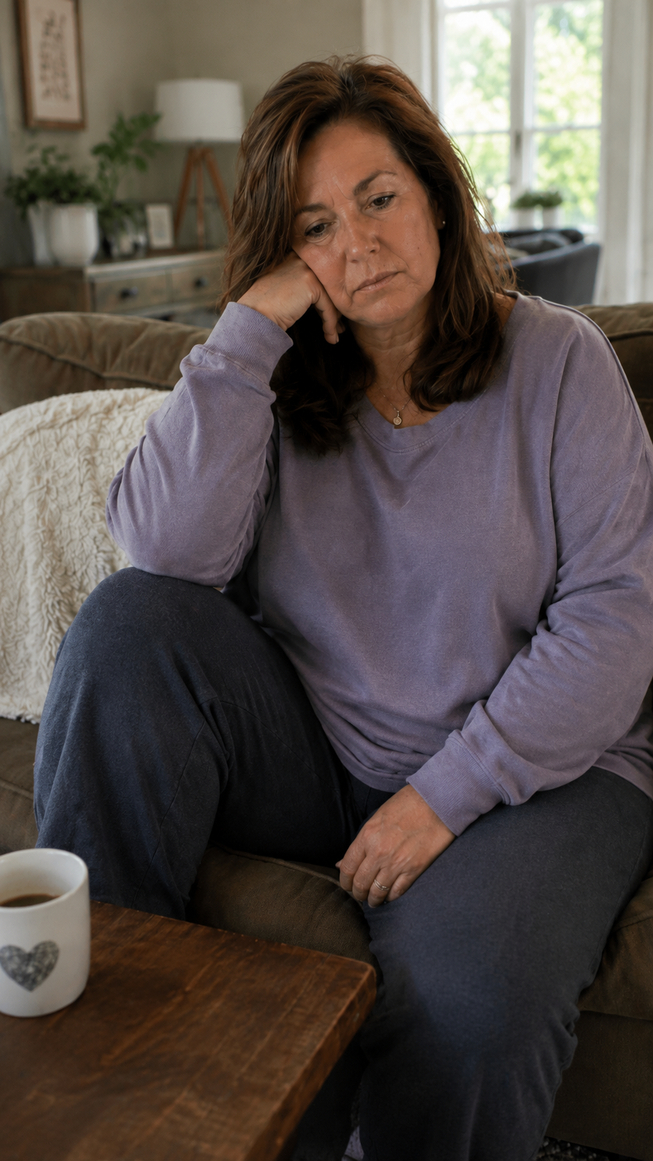 Woman sitting thoughtfully at table with coffee